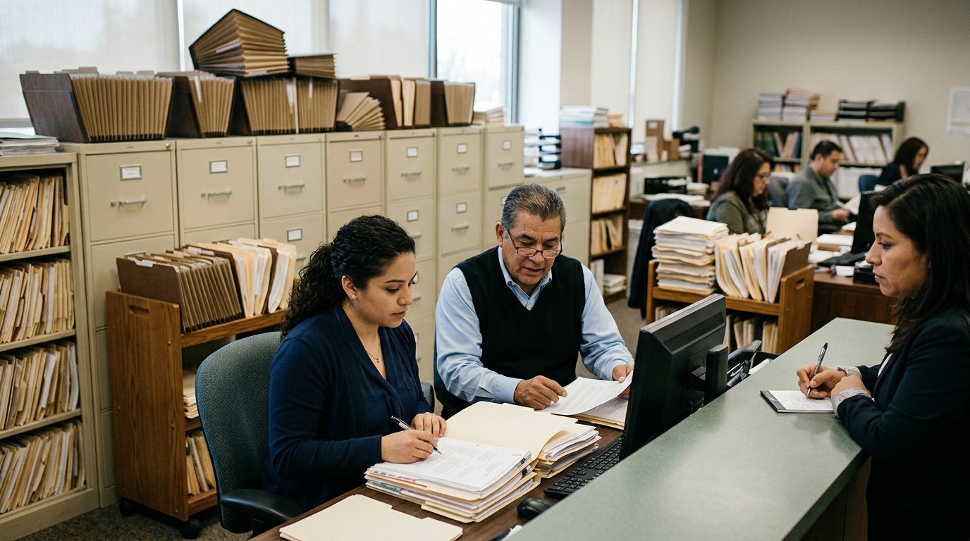 Oficina de litigios de fideicomisos con archivadores y expedientes de casos en Kendall.