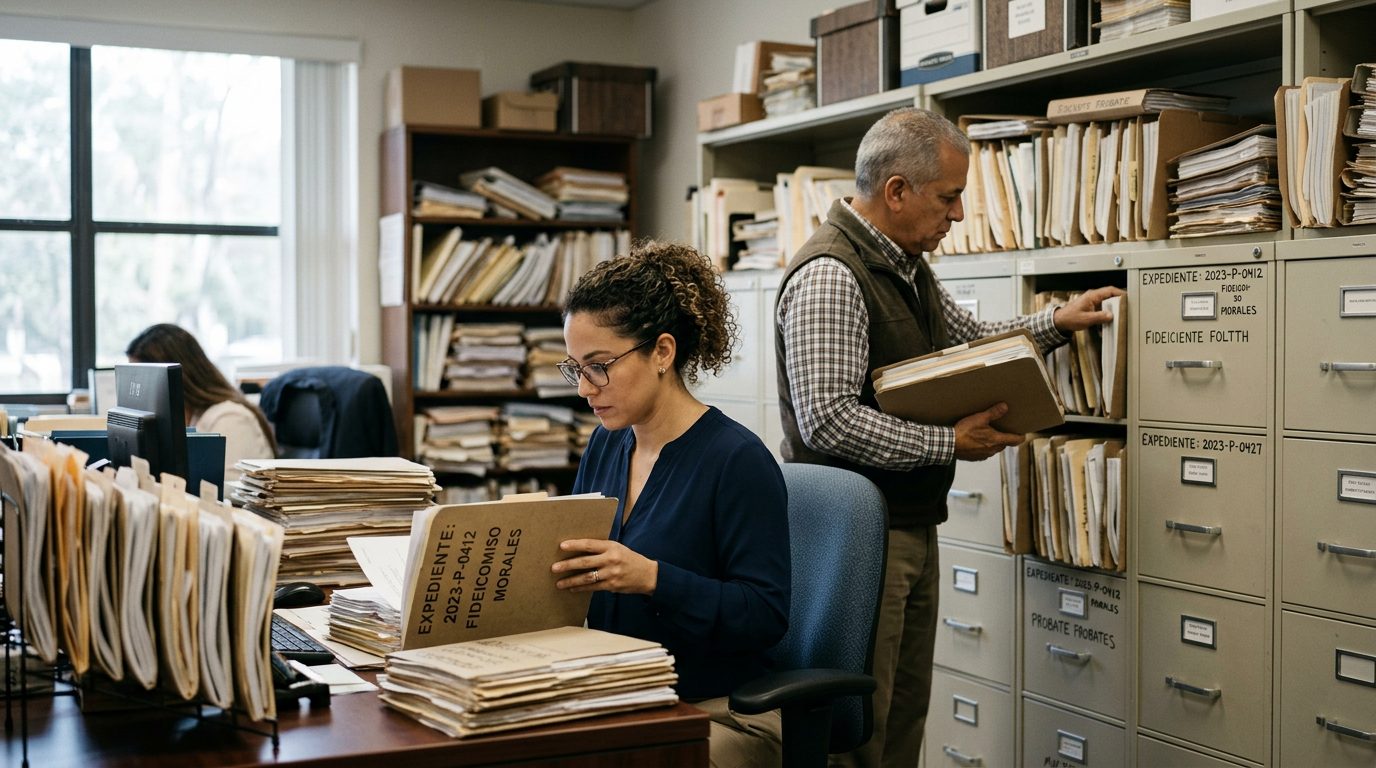 Oficina de litigios de fideicomisos con archivadores y expedientes de sucesiones disputadas.