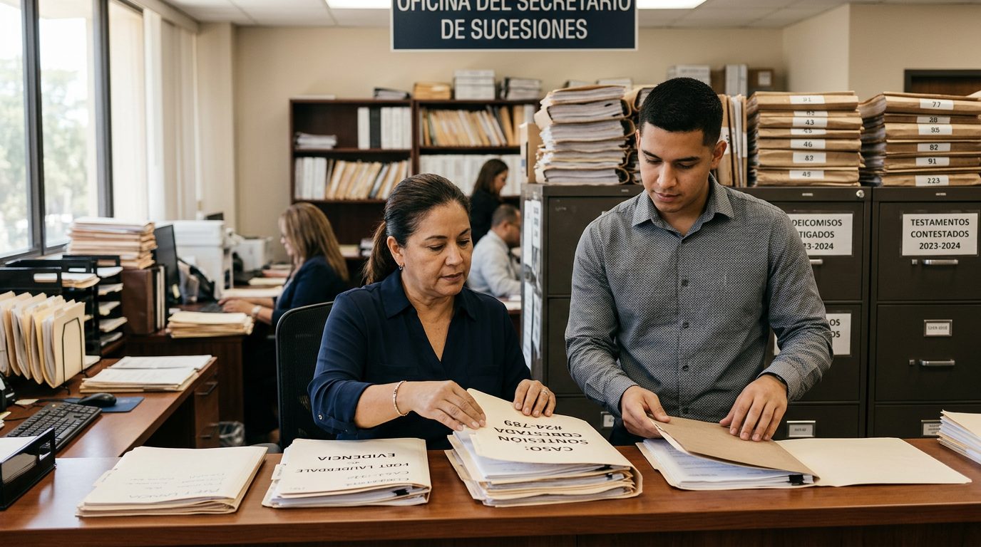 Oficina de litigios de fideicomisos con archivadores y expedientes de casos en Fort Lauderdale.