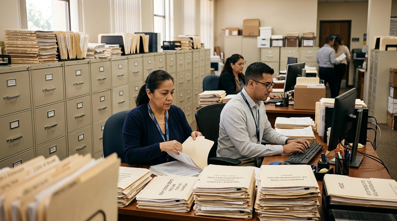 Oficina de trámites sucesorales con archivadores y expedientes de herencias en disputa.