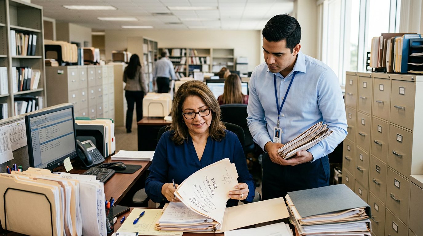 Oficina de trámites sucesorios con archivadores y expedientes de herencias en disputa.