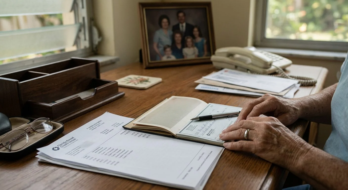 Papers, a pen, and a calculator arranged on a wooden desk in a home office.