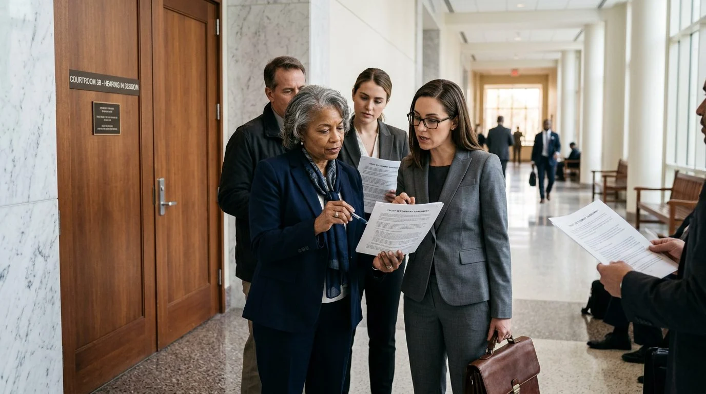 People reviewing documents together in a courthouse hallway outside a probate hearing room.