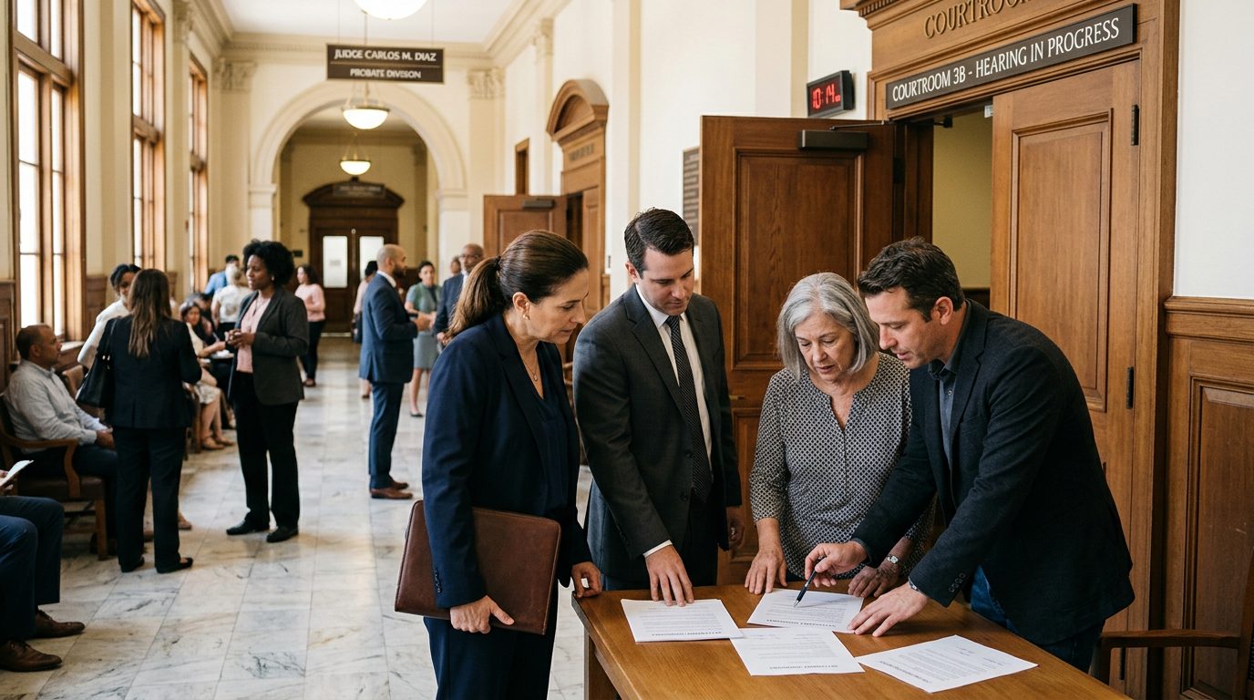 People stand in a probate court hallway reviewing documents outside a hearing room.