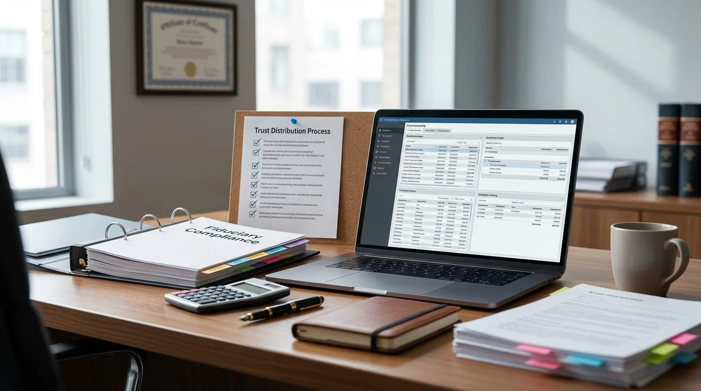 Probate administrator's desk with open trust accounting software, beneficiary ledgers, and distribution checklists.