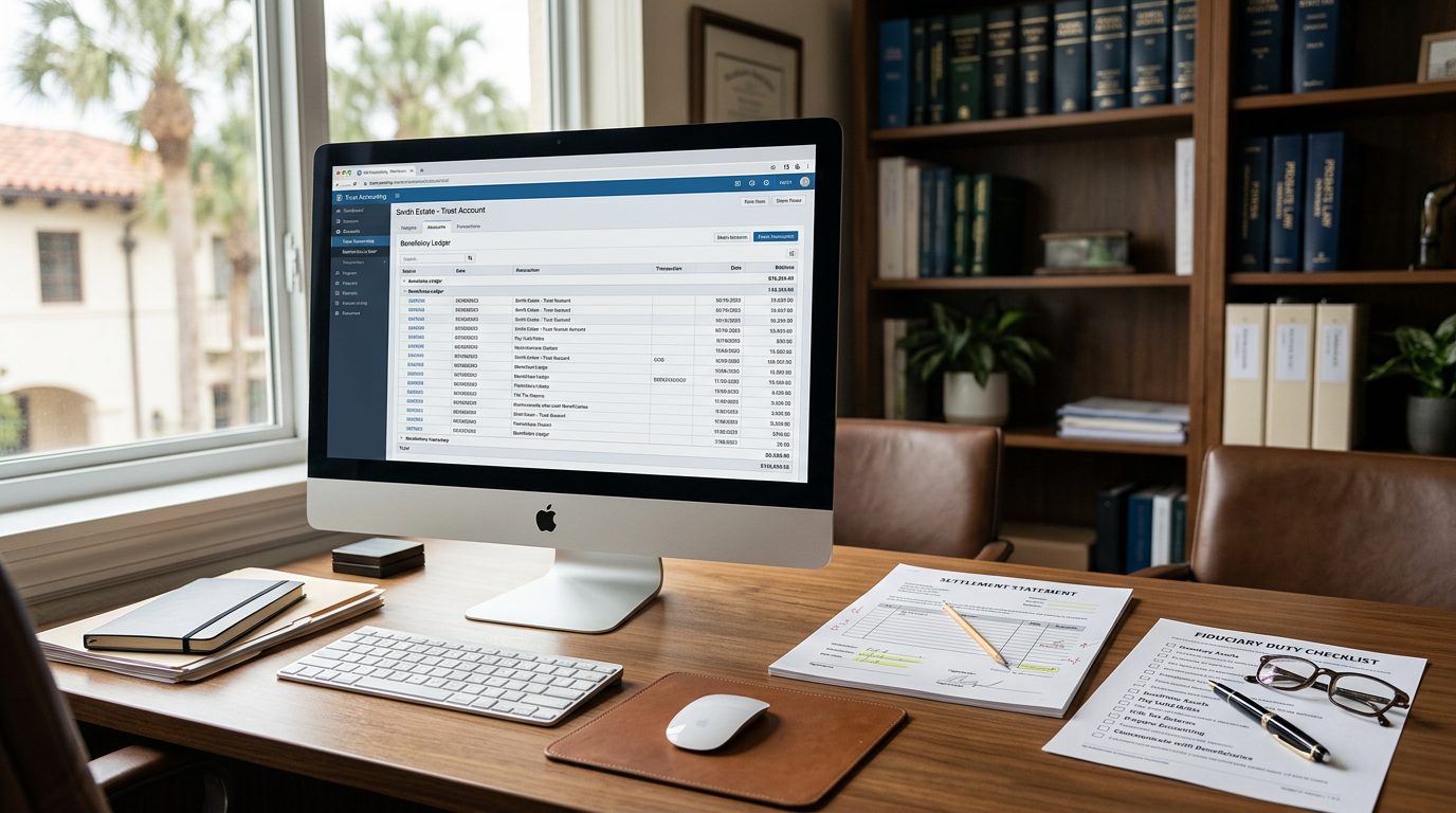 Probate administrator's desk with trust accounting software, settlement statements, and fiduciary duty checklist.