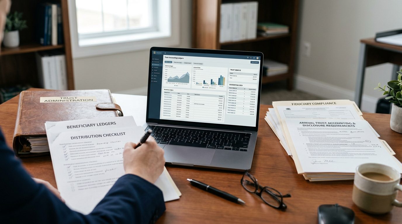 Probate administrator's desk with trust accounting software, open beneficiary ledgers, and fiduciary compliance forms.