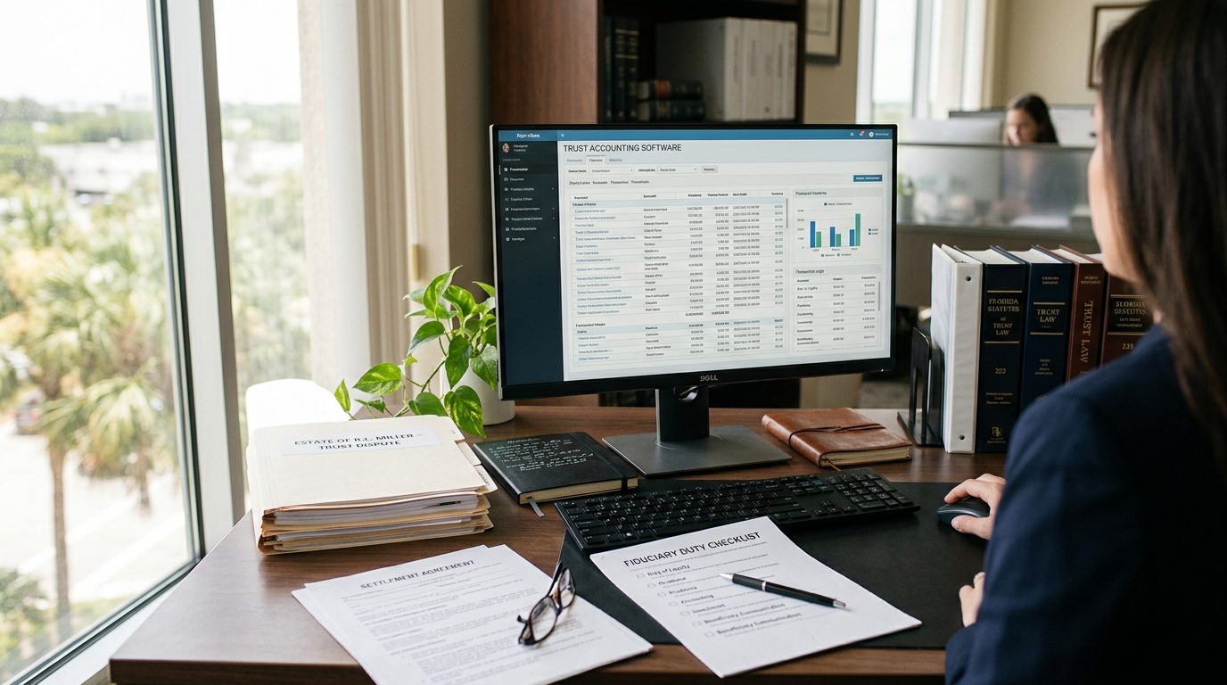 Probate administrator's desk with trust accounting software, settlement statements, and fiduciary duty checklist.
