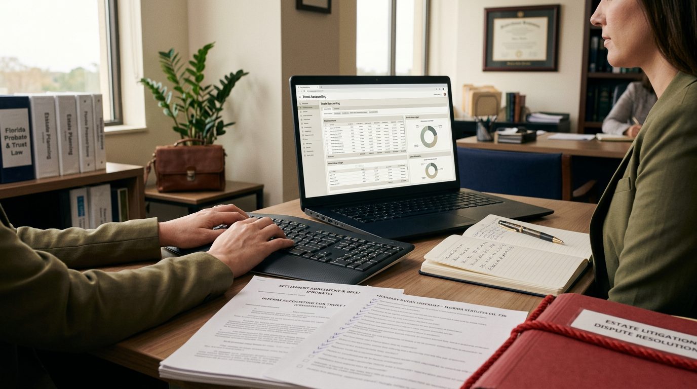 Probate administrator's desk with trust accounting software, settlement statements, and fiduciary duty checklists.