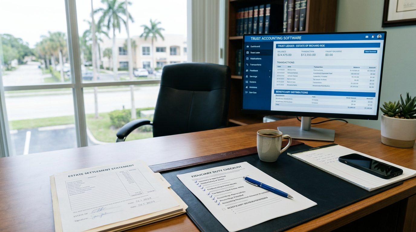Probate administrator's desk with trust accounting software, settlement statements, and fiduciary duty checklist.
