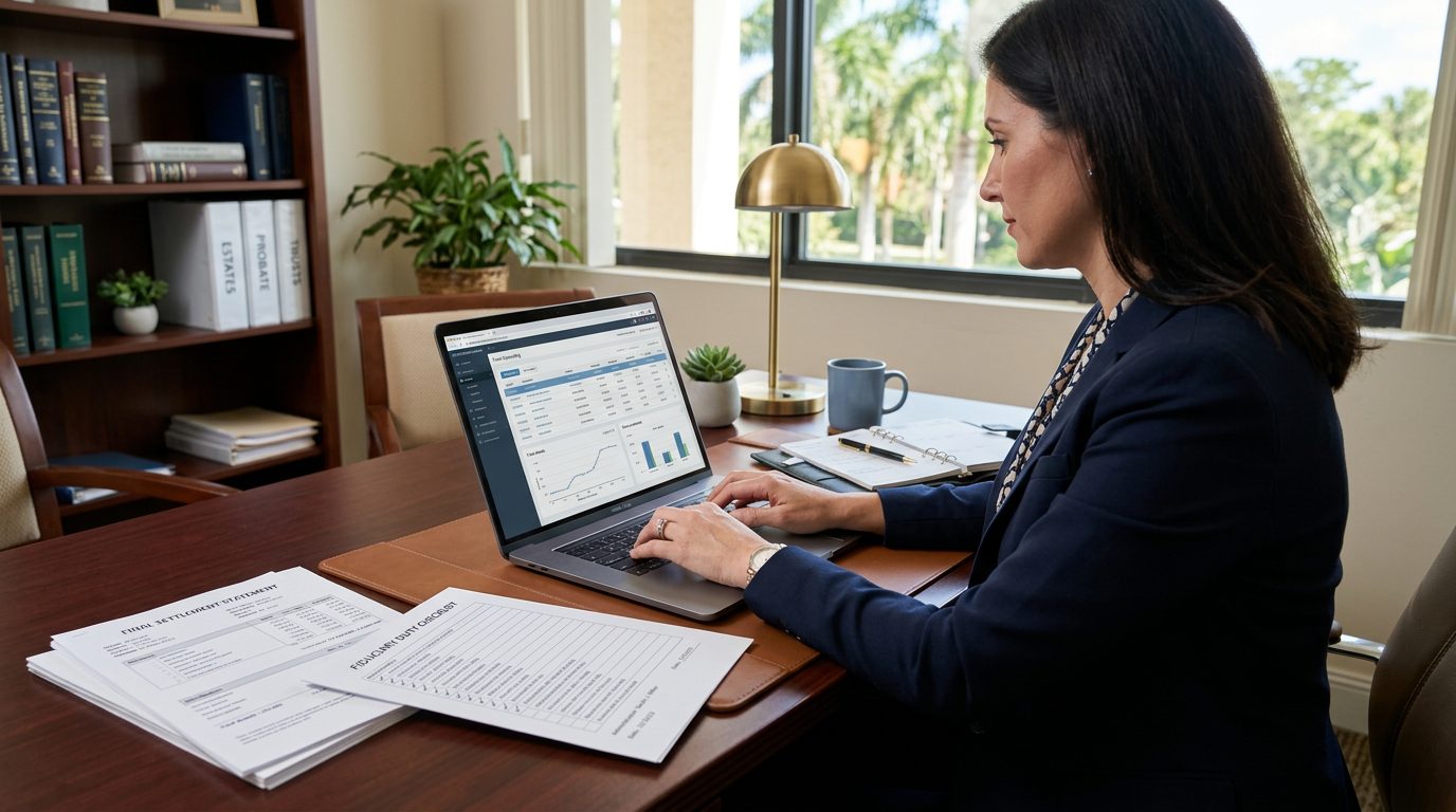Probate administrator's desk with trust accounting software, settlement statements, and fiduciary duty checklists.