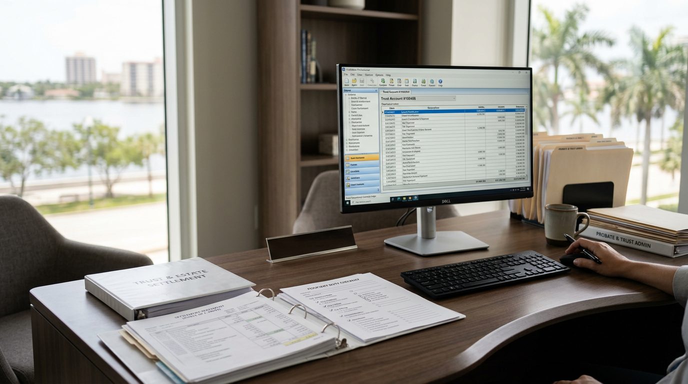 Probate administrator's desk with trust accounting software, settlement statements, and fiduciary duty checklists.