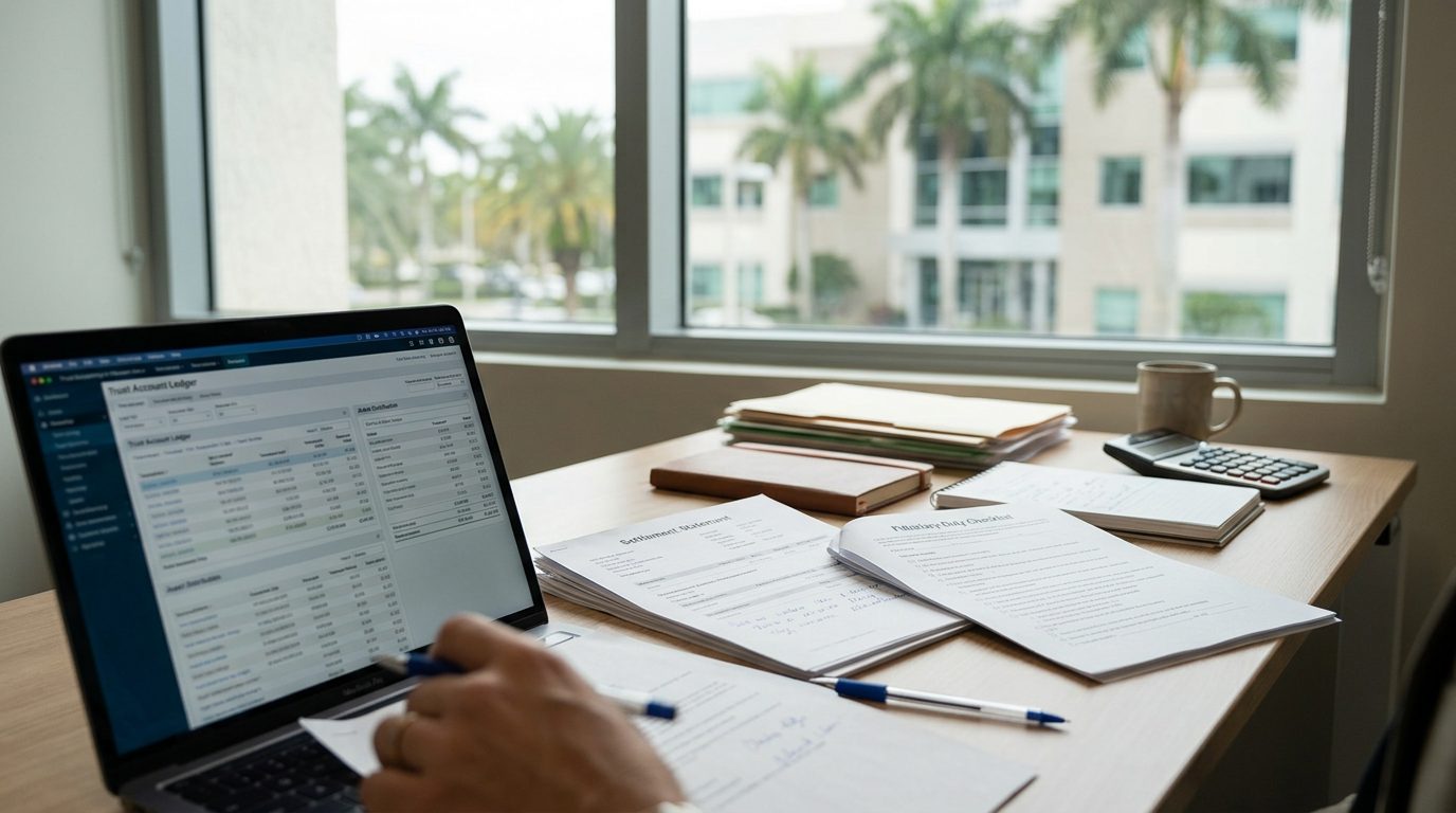Probate administrator's desk with trust accounting software, settlement statements, and fiduciary duty checklists.