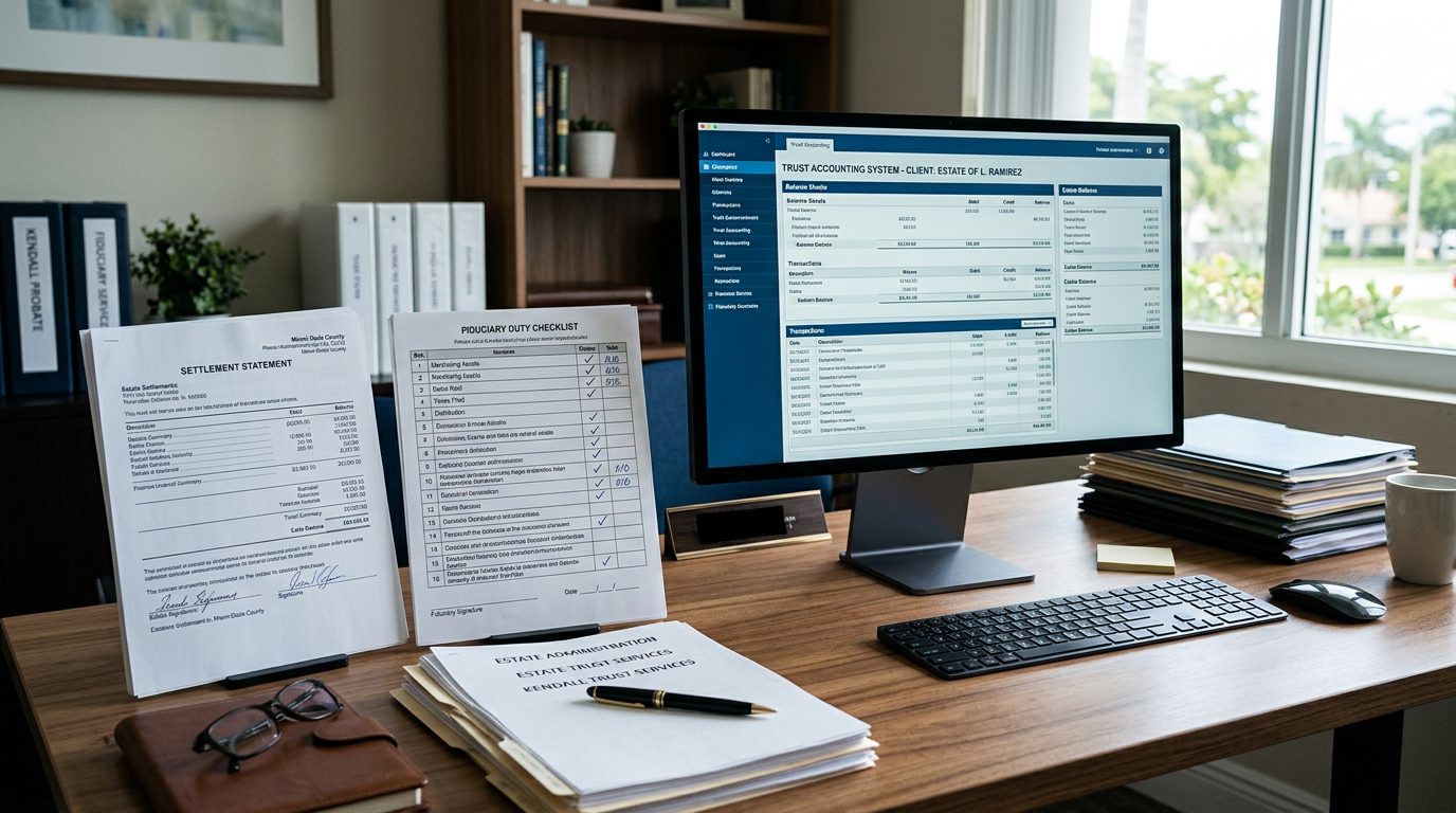 Probate administrator's desk with trust accounting software, settlement statements, and fiduciary duty checklists.