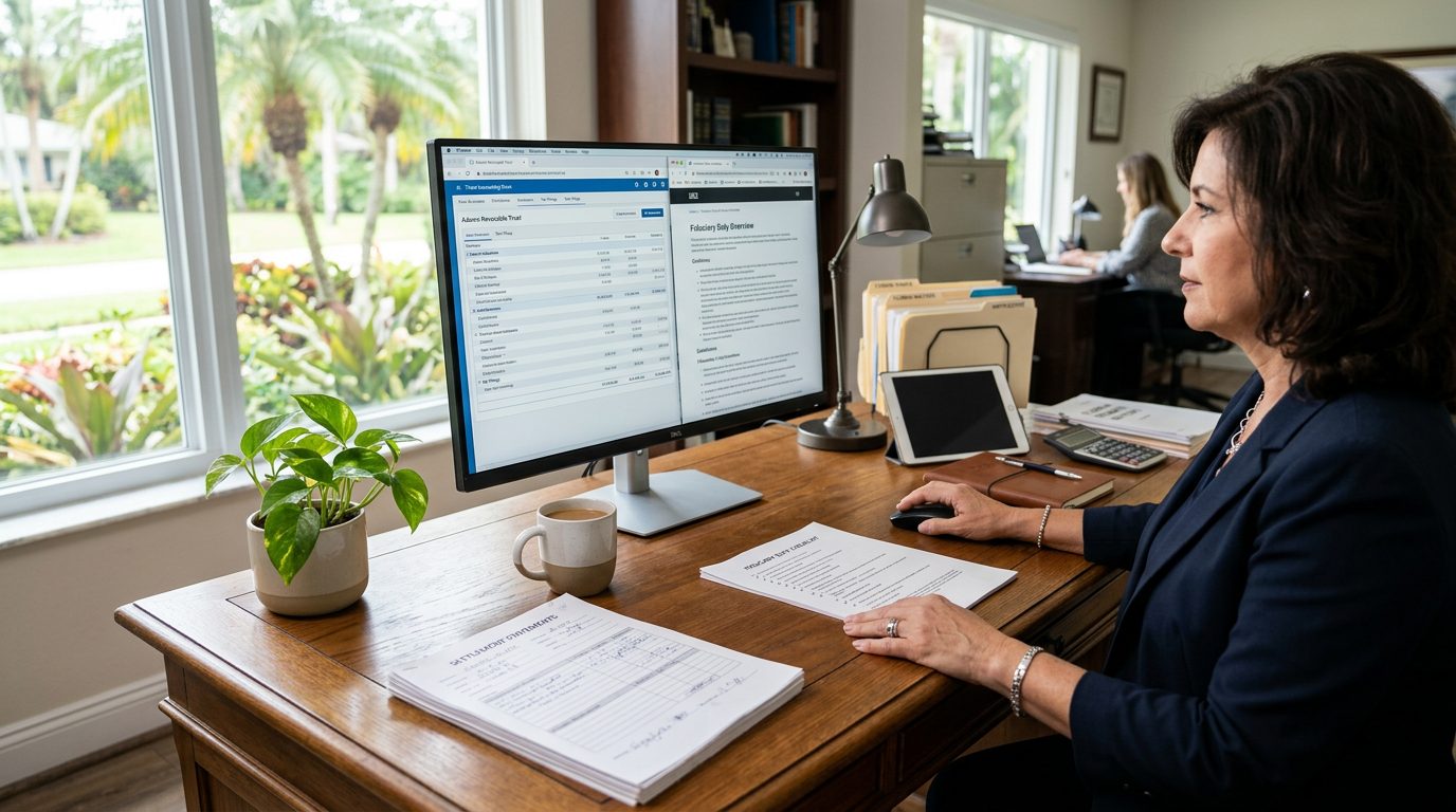 Probate administrator's desk with trust accounting software, settlement statements, and fiduciary duty checklist.