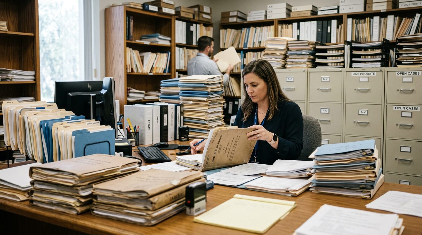 Probate clerk's office with filing cabinets and stacked case folders for estate proceedings.