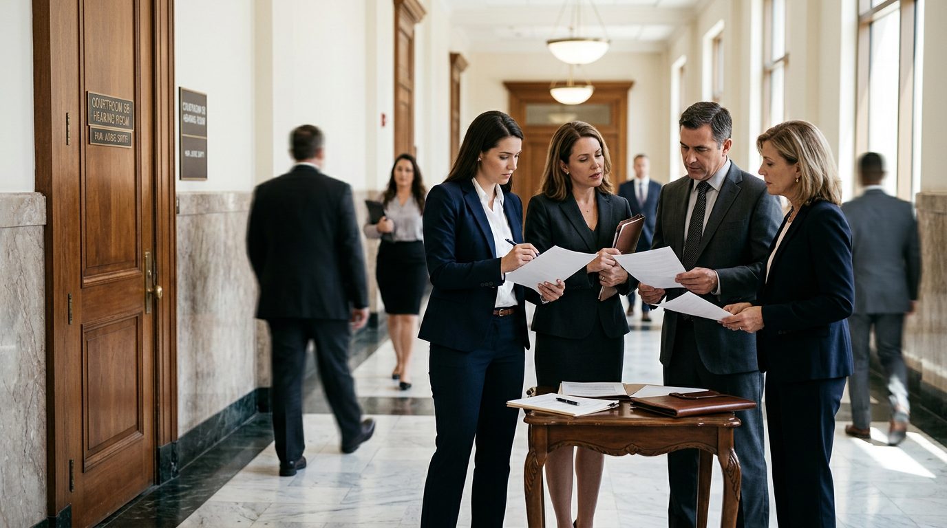Probate court hallway with people in business attire reviewing documents outside a hearing room.