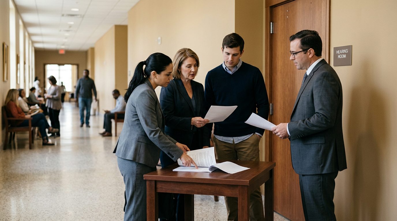 Probate court hallway with trust beneficiaries and attorneys reviewing settlement agreements before hearing.