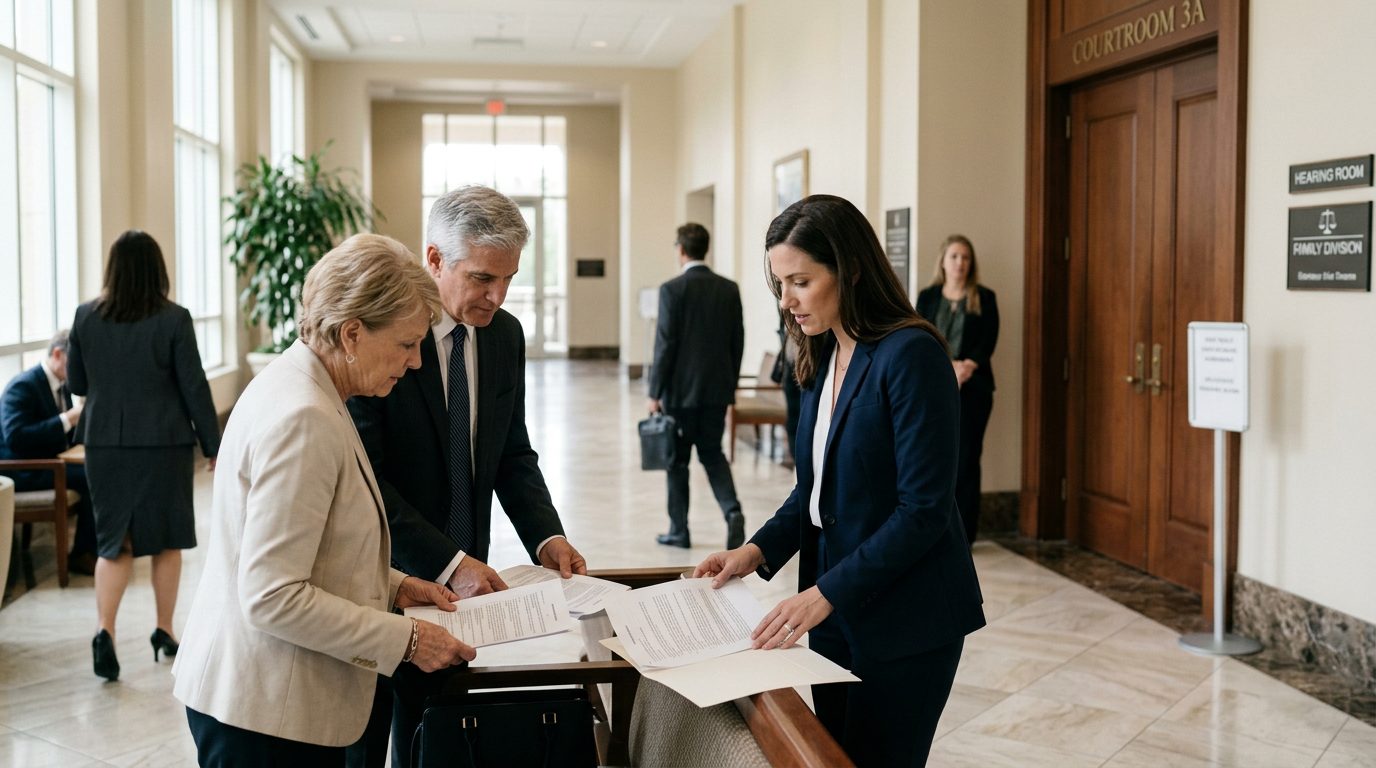 Probate court hallway with trust beneficiaries and attorneys reviewing settlement agreements before hearing.
