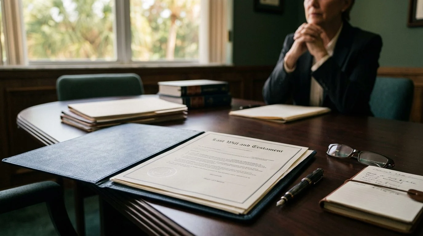 Signed legal will document with a pen and eyeglasses resting on a wooden desk.
