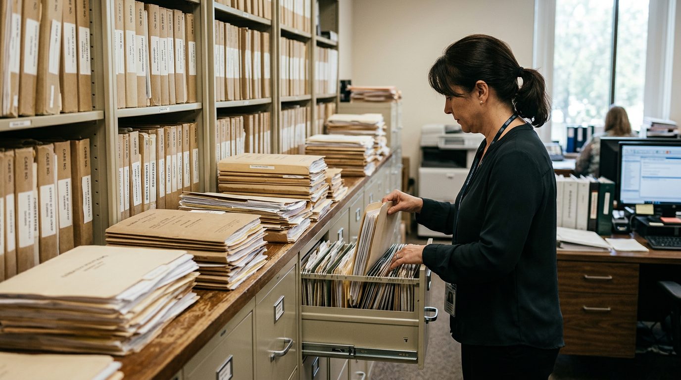 Stacked case folders and filing cabinets in a probate clerk's office, reflecting the paperwork of contested estate cases.