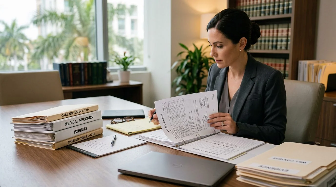 Stacked documents and a folder on a desk beside a laptop, suggesting paperwork for a Florida legal guide.