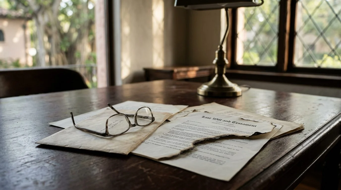 Torn and partly burned paper document lying on a wooden desk beside a legal folder.