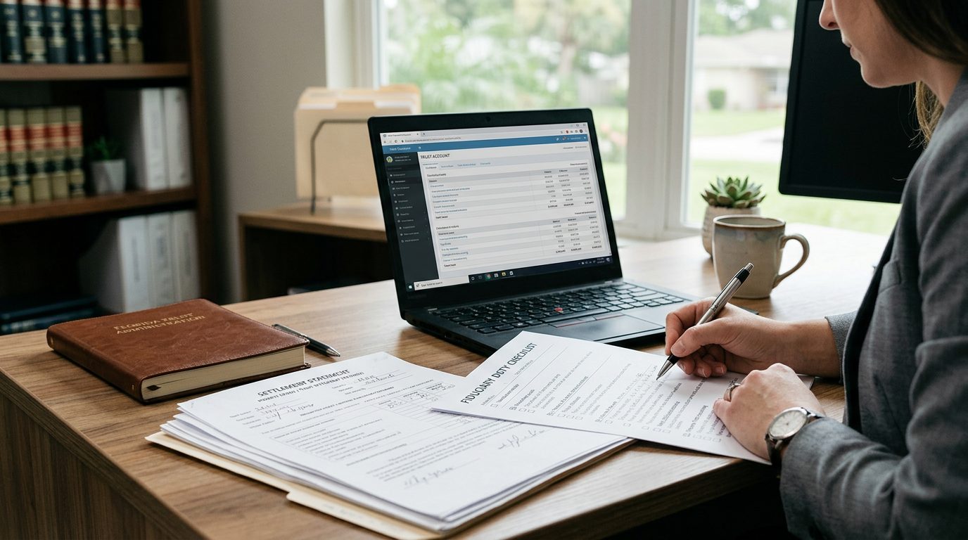 Trust accounting software open on a desk beside settlement statements and a fiduciary duty checklist.