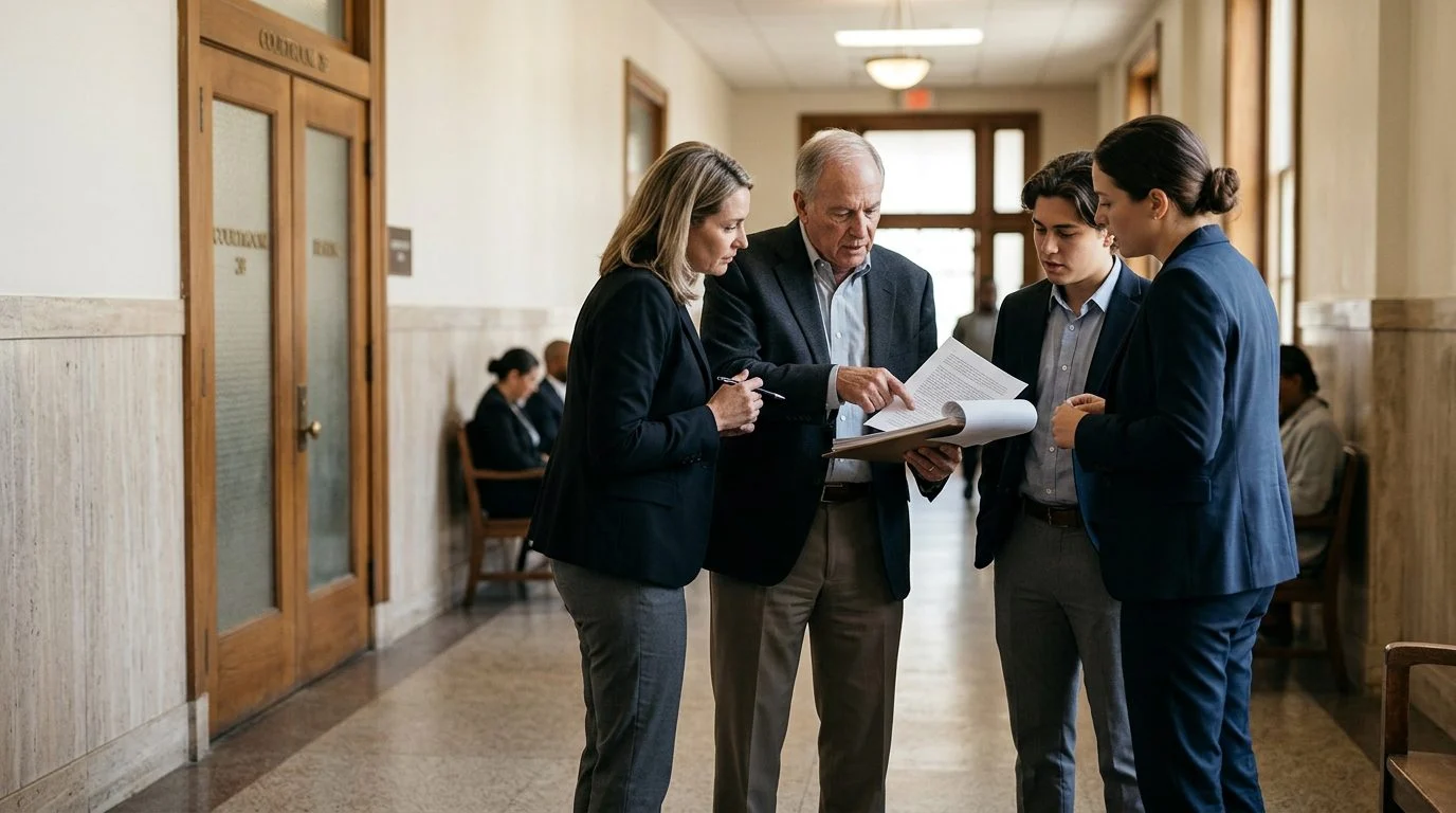 Trust beneficiaries and attorneys reviewing settlement papers in a probate court hallway outside a hearing room.