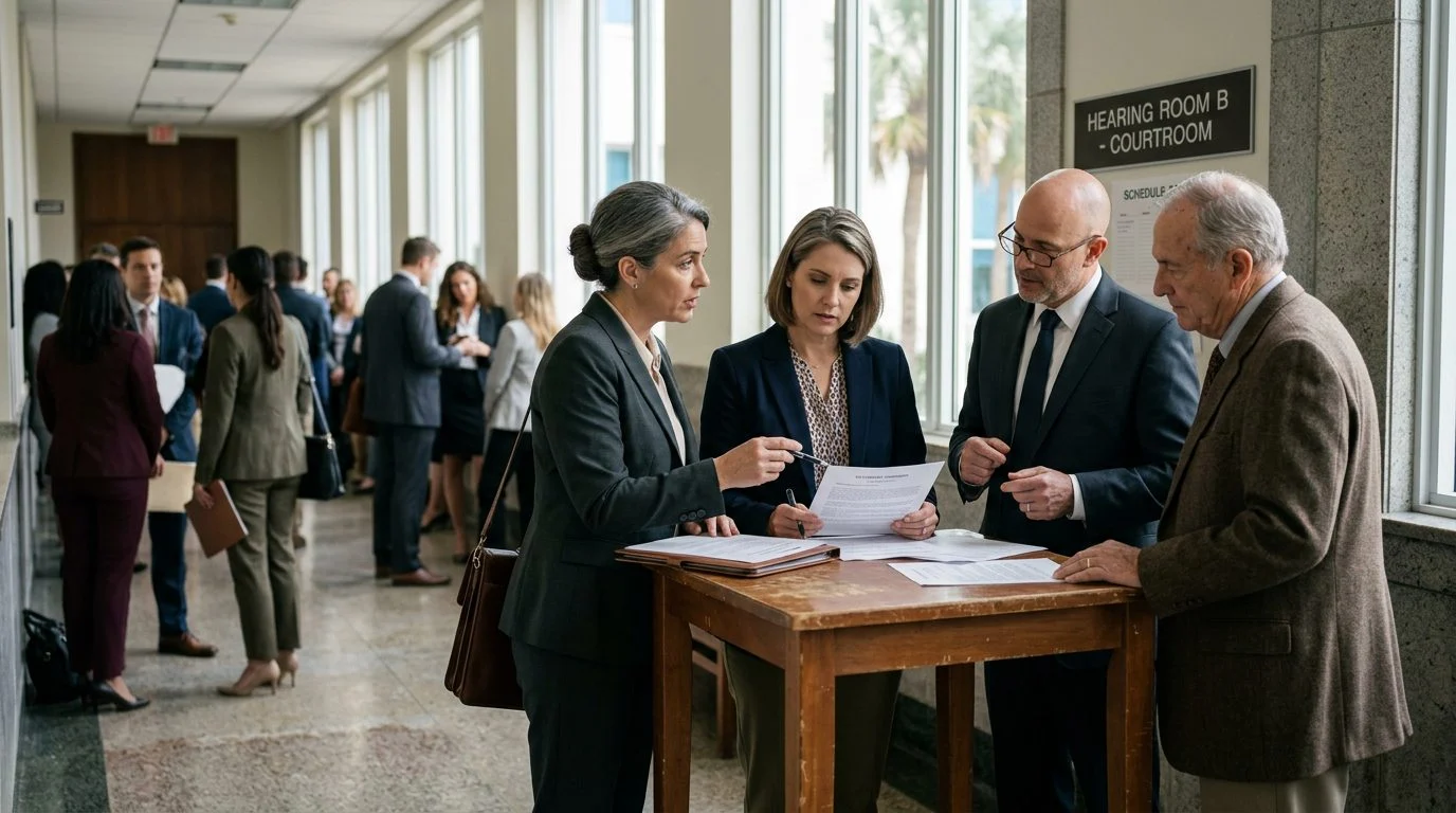 Trust beneficiaries and their attorneys review papers in a probate court hallway outside a hearing room.