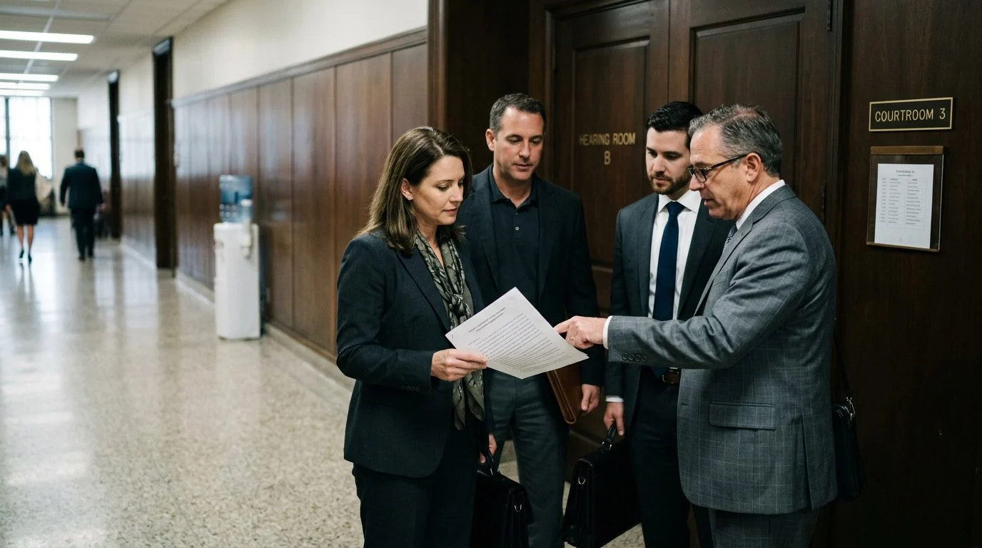 Trust beneficiaries and their attorneys review settlement papers in a probate court hallway outside a hearing room.