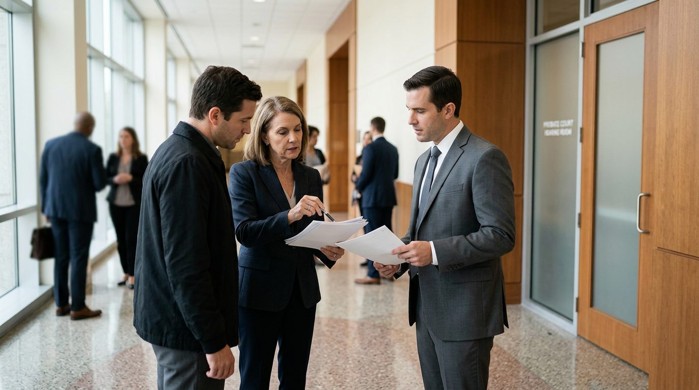 Beneficiarios de un fideicomiso y sus abogados revisan documentos de un acuerdo en un pasillo de un tribunal de sucesiones.