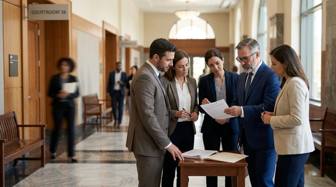 Trust beneficiaries and their counsel review settlement agreements in a probate court hallway outside a hearing room.