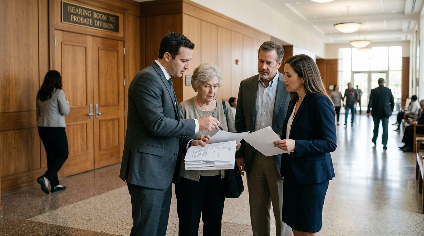 Trust beneficiaries and their lawyers review settlement papers in a probate courthouse hallway outside a hearing room.