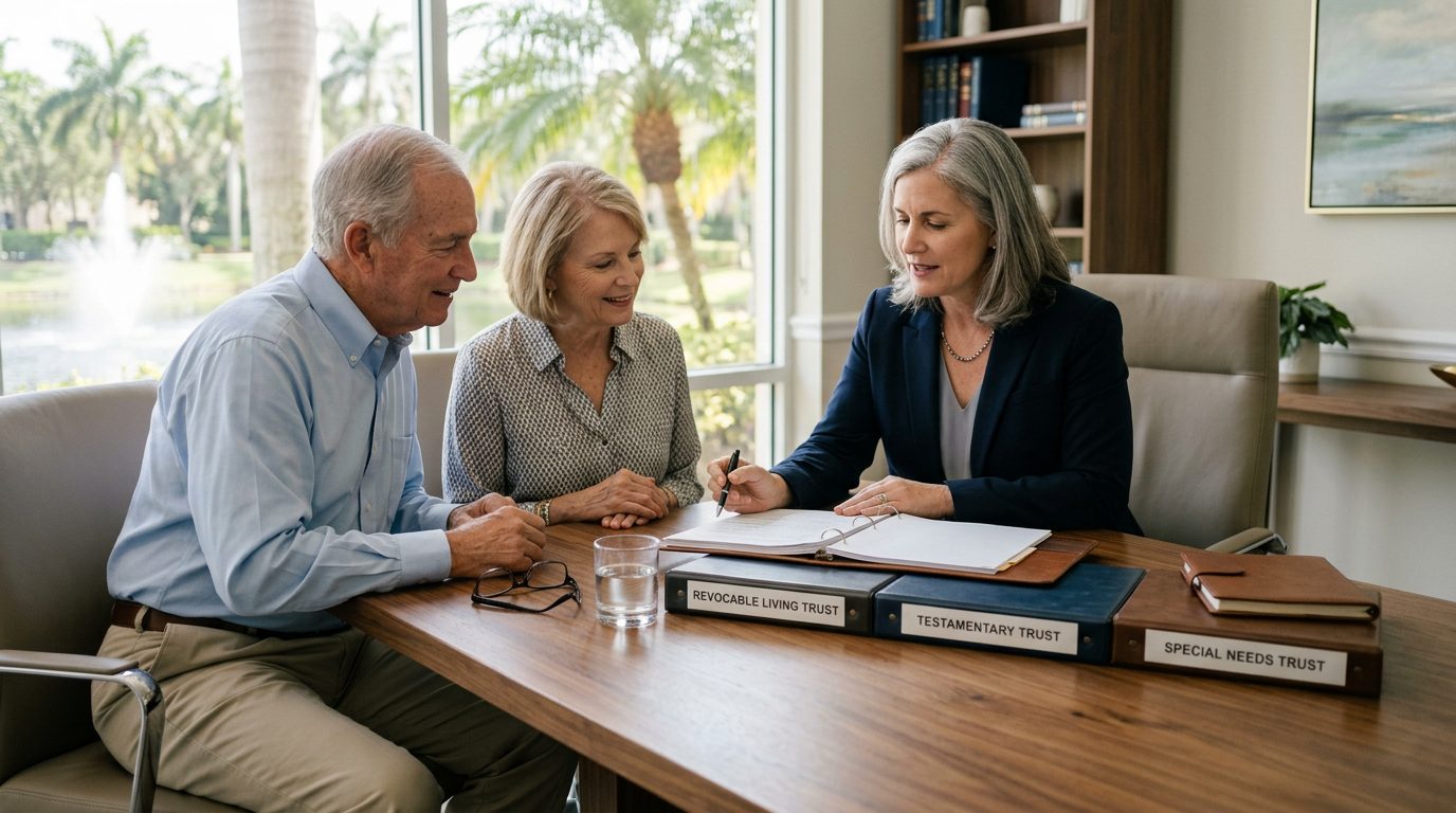 Trust documents, a pen, and a house key arranged on a wooden desk in a bright office.
