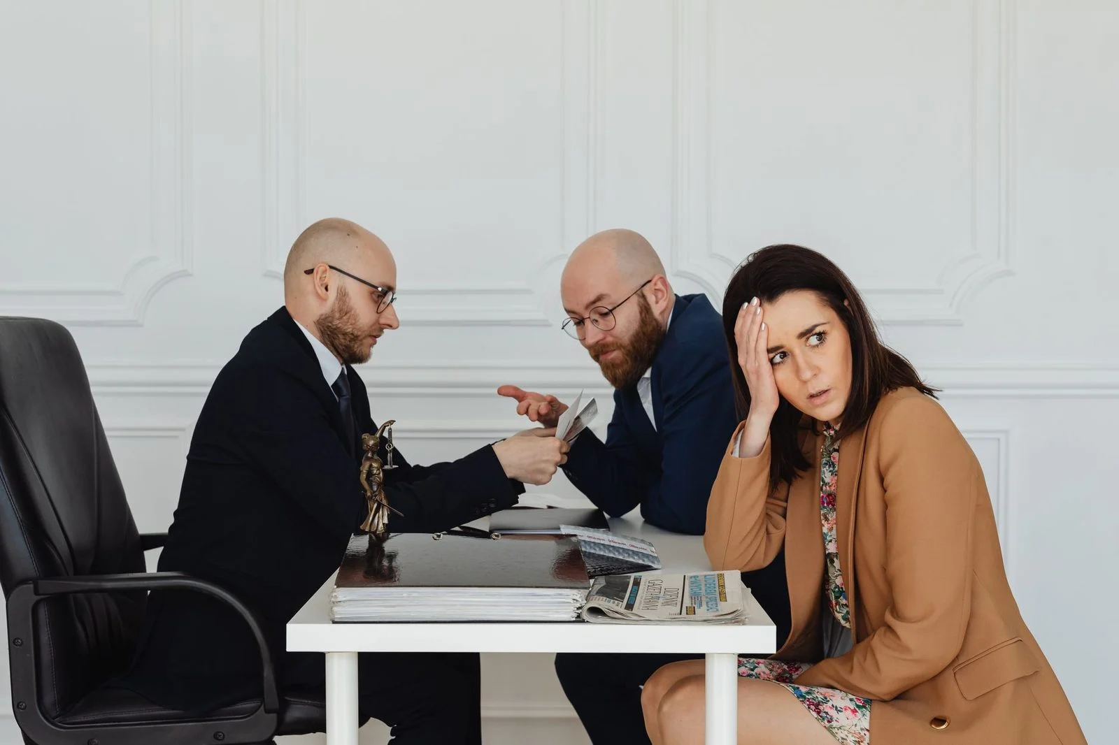 Two lawyers review documents with a worried client across a desk in an office.