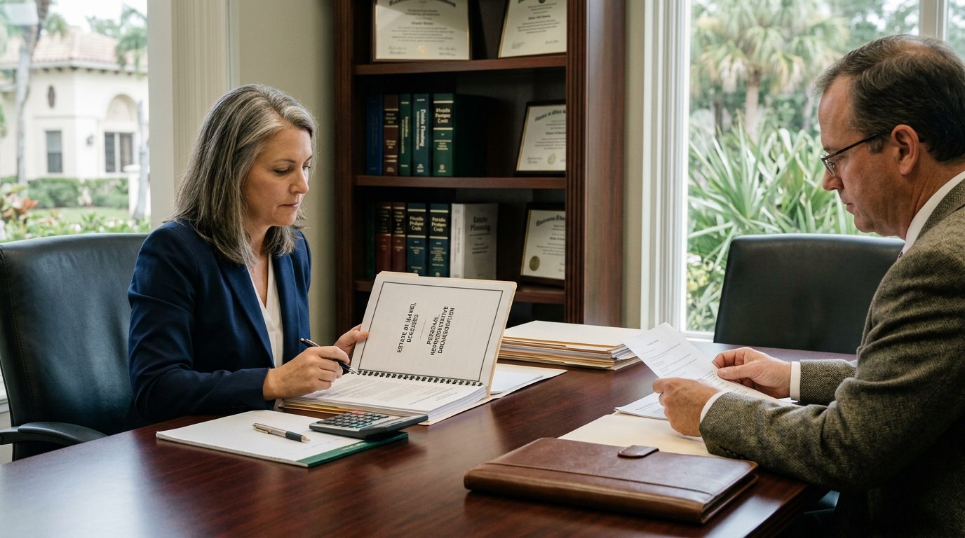 Wide view of a desk with probate papers, a calculator, and a pen, near a window overlooking Florida palm trees.