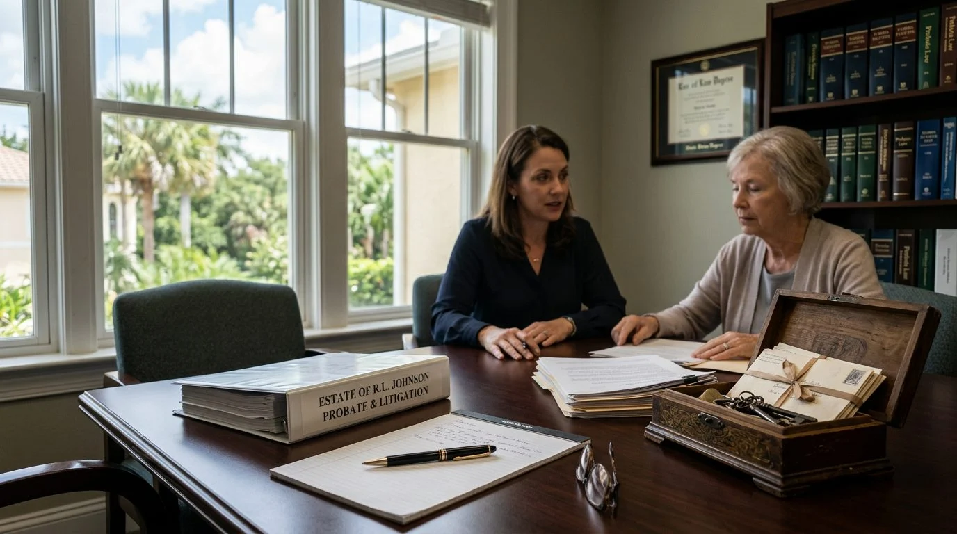 Wide view of a Florida law office conference table with legal documents, a gavel, and a pen beside a folder marked "Estate.