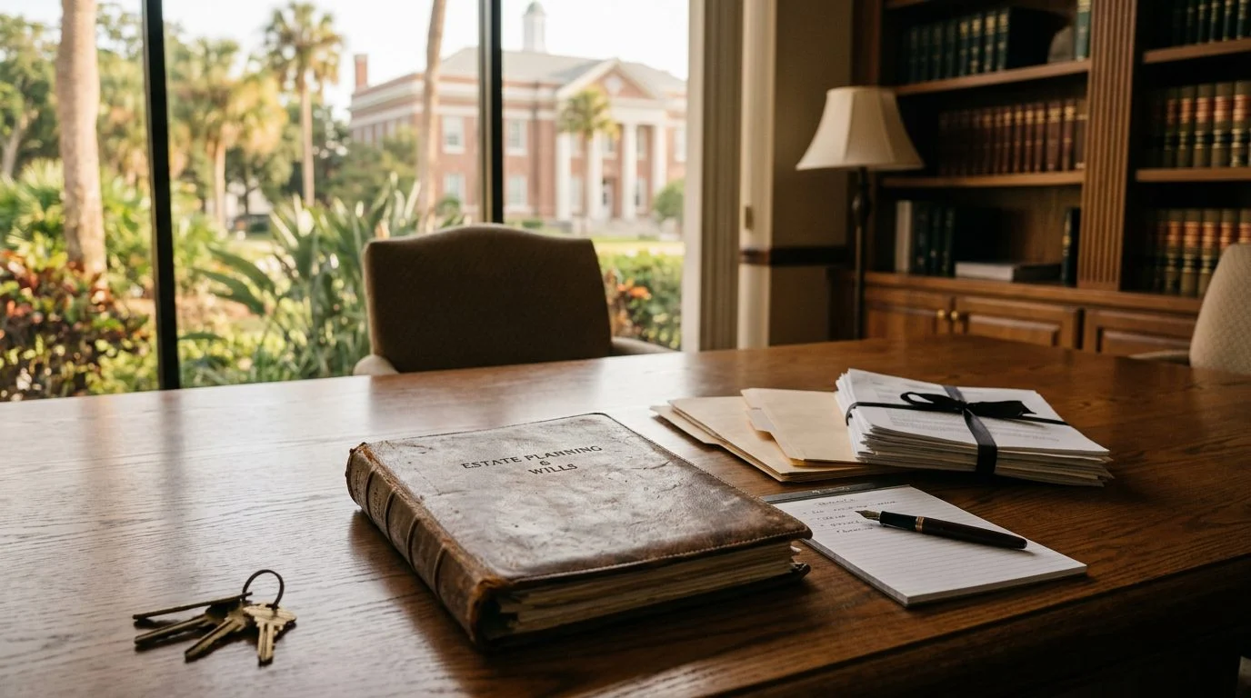Wide view of a quiet desk with a legal document, pen, and reading glasses in a Florida home office.