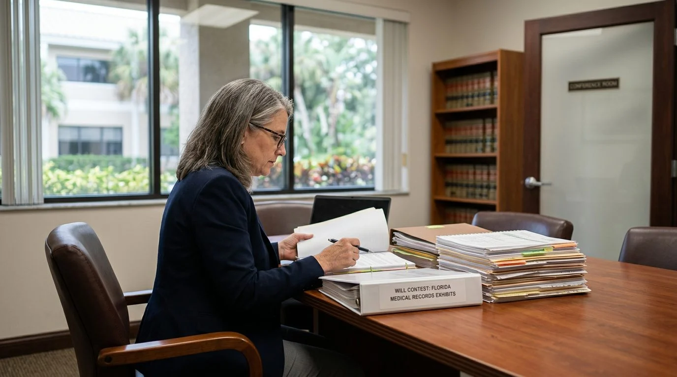 Wide view of a tidy office desk with stacked folders and loose papers, suggesting a records review for a Florida will contest.