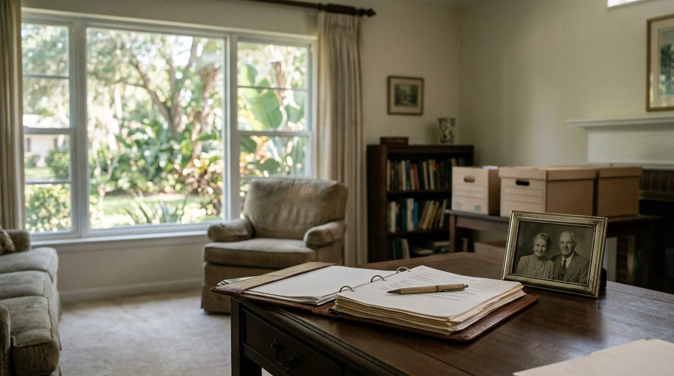 Wide view of an empty wooden desk with legal documents and a pen in a Florida office.