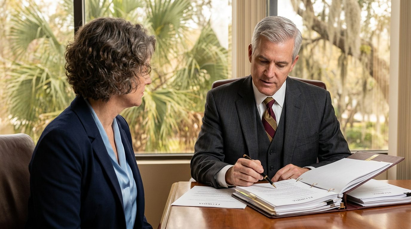 Escritorio de madera con un testamento firmado, una pluma estilográfica y gafas de lectura en un despacho de abogados en Florida.