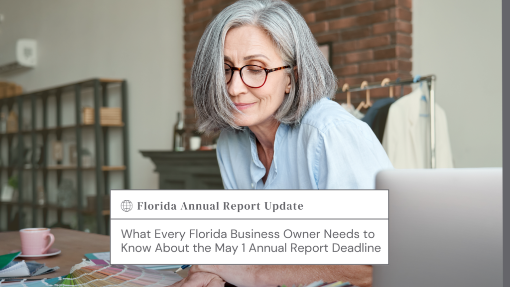 Older woman with gray hair and glasses leans over color swatches at a desk with a laptop, for a Florida Annual Report Update article.