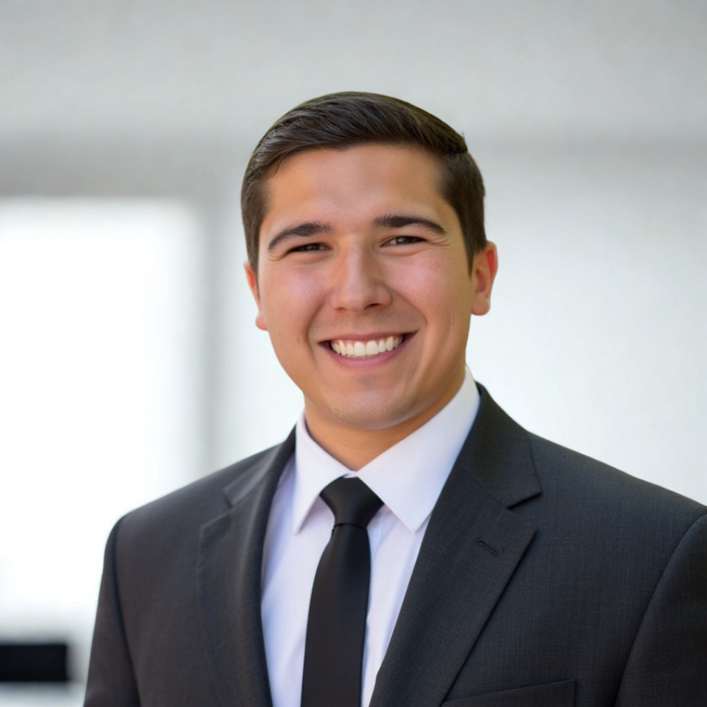Professional headshot of a smiling man in a dark suit, white shirt, and black tie, indoors.