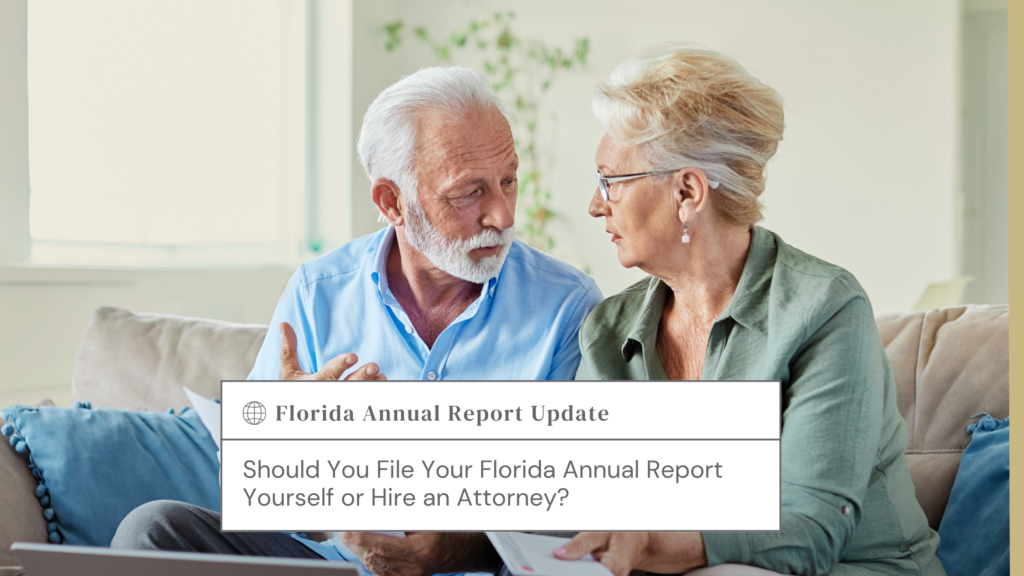 Older couple on a sofa reviewing documents; a banner reads 'Florida Annual Report Update' about whether to file or hire an attorney.