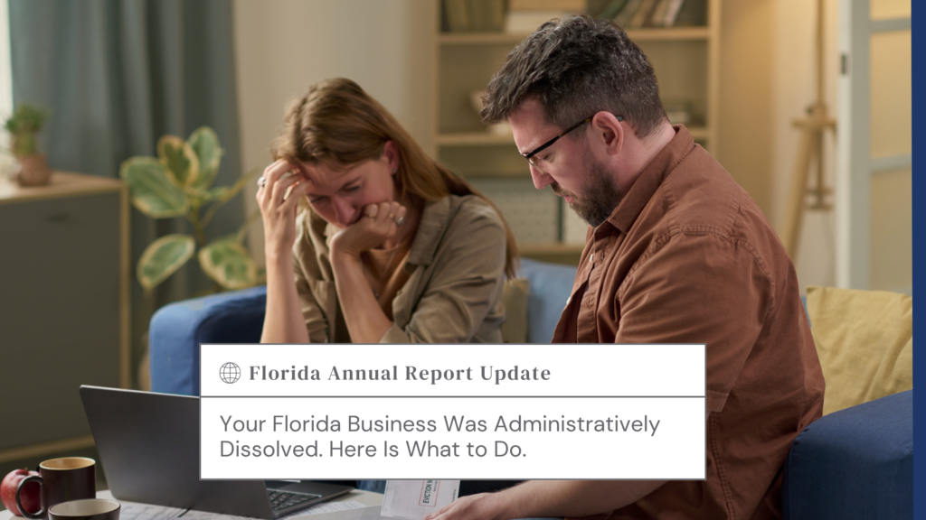 Couple on a couch review documents and a laptop, looking worried about a Florida business dissolution notice overlayed on the image.