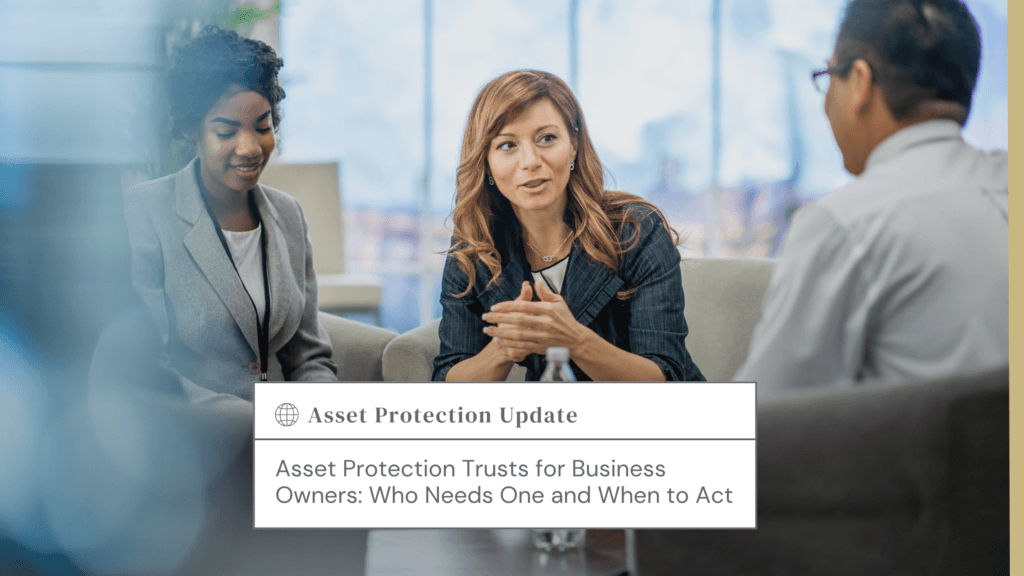 Three professionals in a modern office discuss around a table, with a white panel showing the 'Asset Protection Update' headline visible.