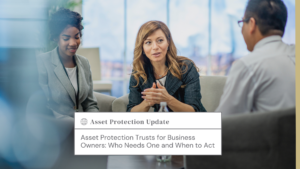 Three professionals in a modern office discuss around a table, with a white panel showing the 'Asset Protection Update' headline visible.