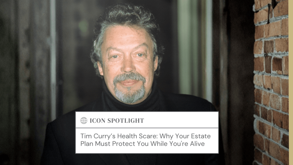 Portrait of an older man in a black turtleneck beside a brick wall, with an 'Icon Spotlight' article card about health and estate planning overlaid in front.