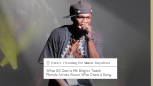 Music Royalties Estate Planning in Florida Trust Counsel - Estate Planning & Probate Attorneys - Estate Planning & Probate Attorneys Male rapper wearing a backward black cap performs on stage with a microphone; a text overlay reads 'Estate Planning for Music Royalties'.